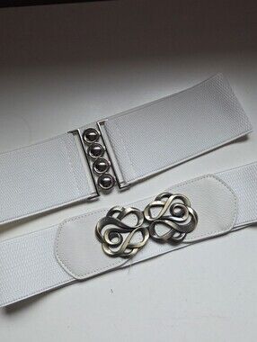 White Elastic Stretch Belts with Silver Interlocking Buckles